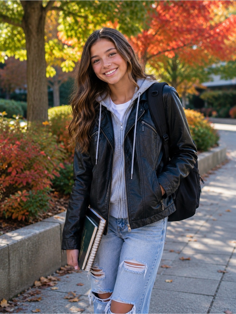 Girls Black Faux Leather Moto Jacket. Removable Gray Hood | Zip Up Biker Jacket
